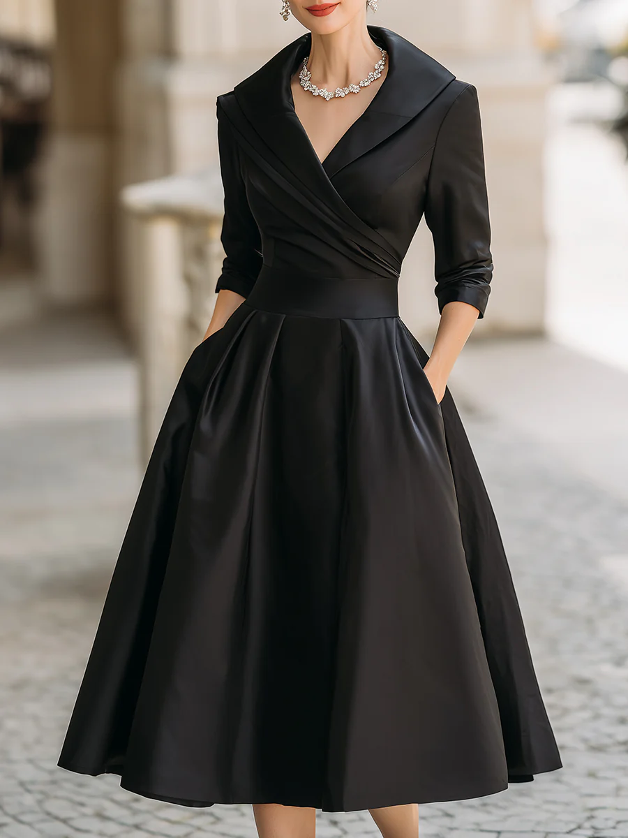 Elegant Black Satin Pleated V-neck A-line Midi Dress
