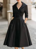 Elegant Black Satin Pleated V-neck A-line Midi Dress