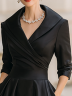 Elegant Black Satin Pleated V-neck A-line Midi Dress