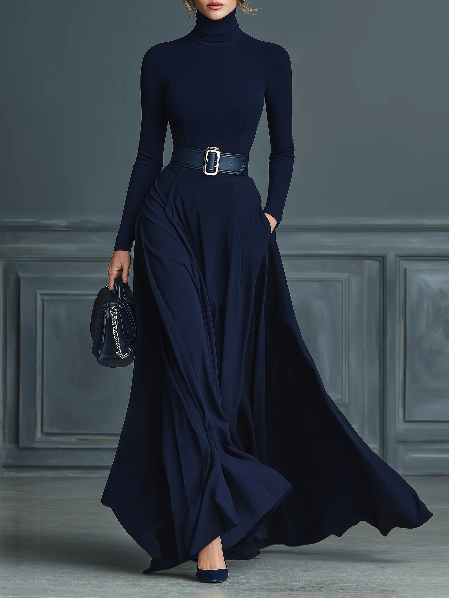 Dark Blue Knitted High-neck Dress（No belt）