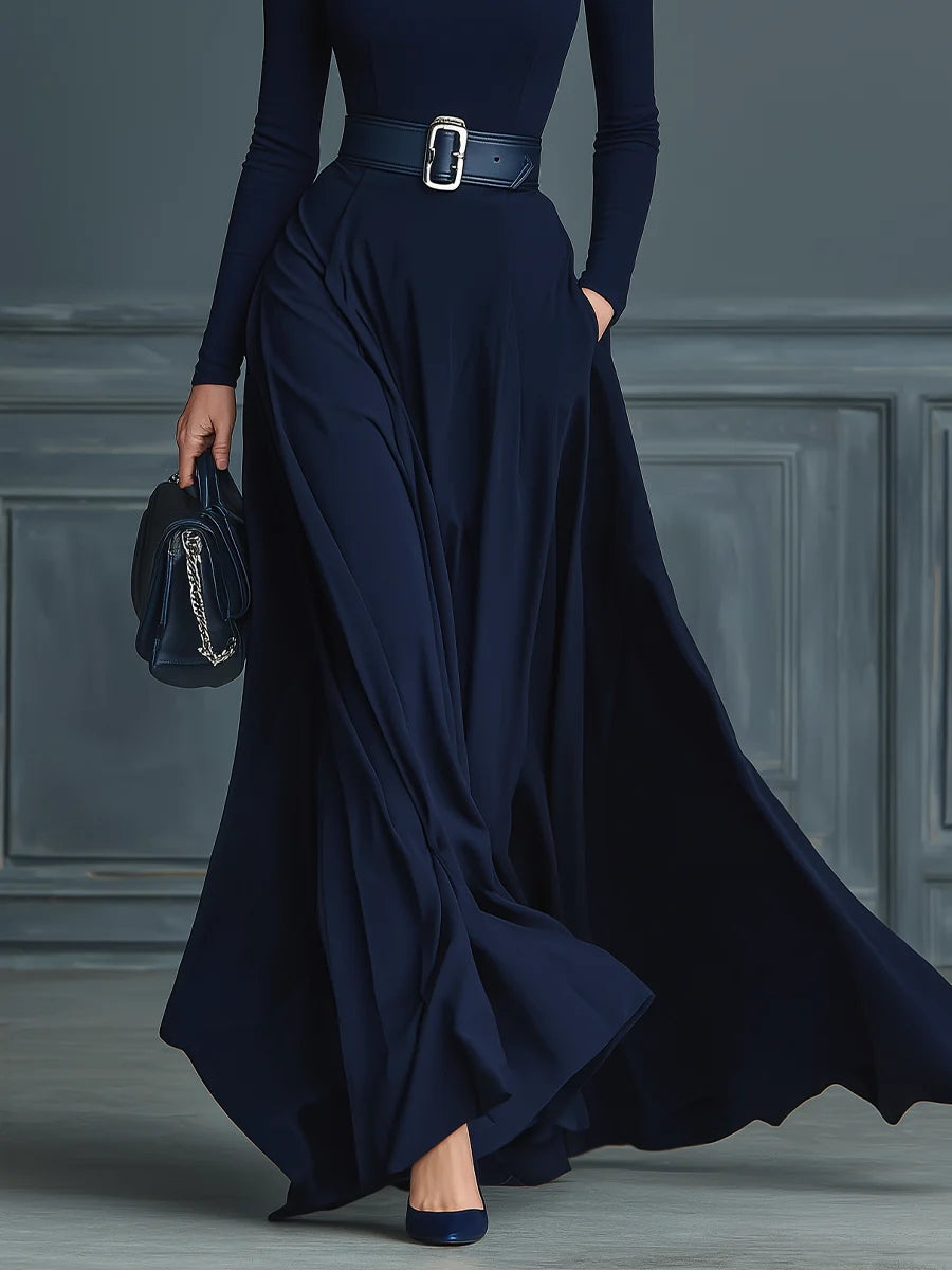 Dark Blue Knitted High-neck Dress（No belt）