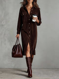 Dark Brown Loose Corduroy Double Chest Pocket Single Breasted Midi Dress