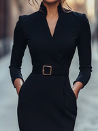 Black Stand Collar Drawstring Shift Midi Dress