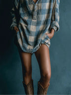 Blue And White Loose Plaid Henley Neck Long Sleeve Mini Dress