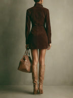 Brown Faux Suede Stand Collar Zipper Mini Dress