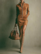 Brown Faux Suede Stand Collar Zipper Mini Dress