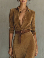 Suede Single-breasted Lapel Maxi Dress