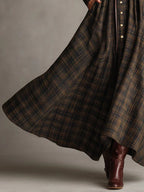 Brown and Black Plaid Lapel Single-Breasted Shirt Long Dress