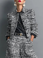 Tweed Print Blend Single-Breasted Cropped Jacket And Wide-Leg Pants Set