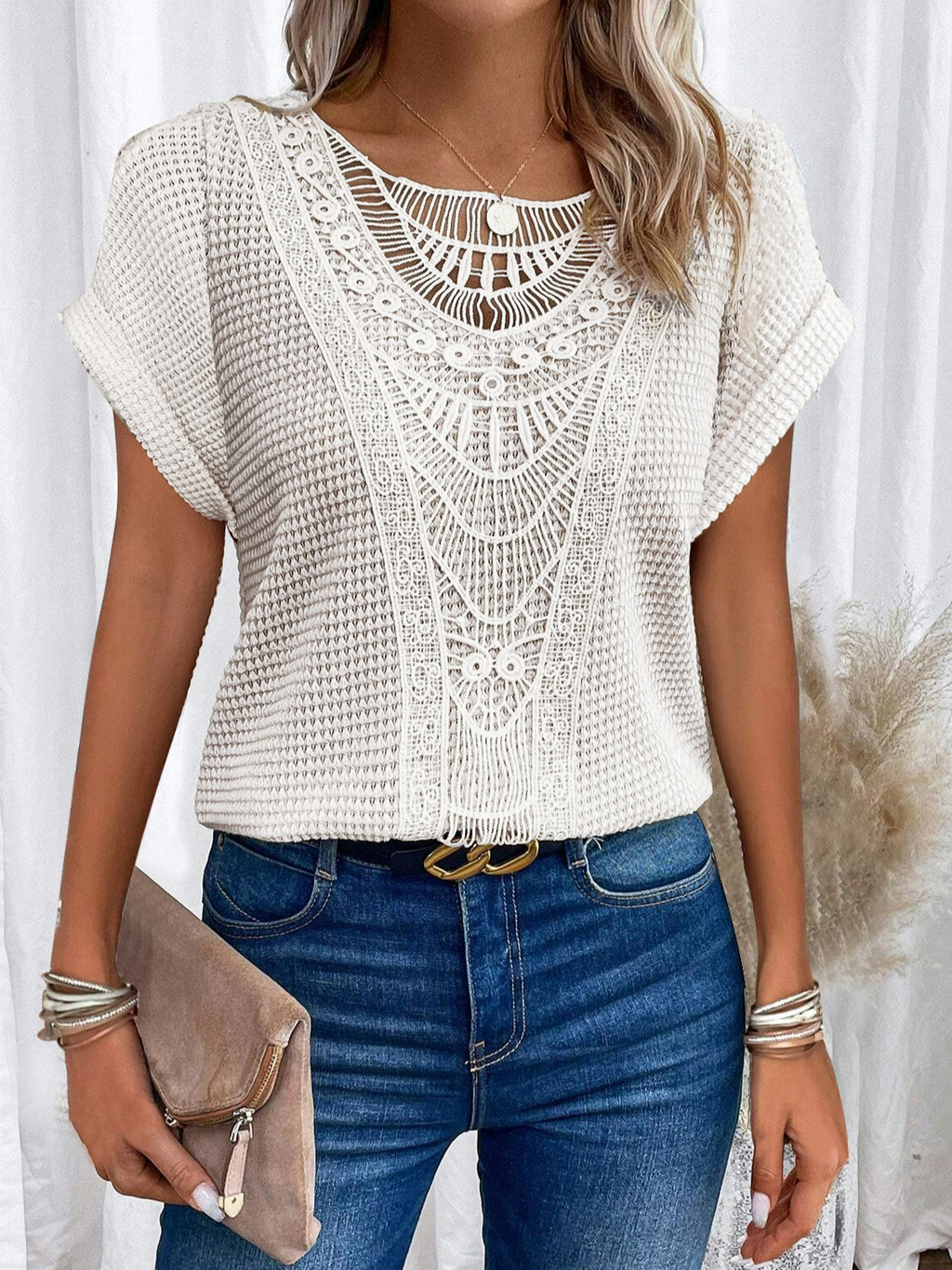 Elegant Lace Patchwork Hollow Short-sleeved Top