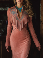 Vintage Western Tassel Embroidered Pink Faux Suede Maxi Dress