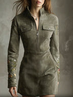 Green Embroidered Faux Suede Half-zip Mini Dress