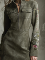 Green Embroidered Faux Suede Half-zip Mini Dress
