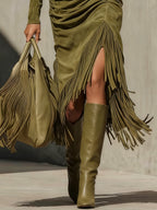 Olive Green High-neck Faux Suede Pleated Tassel Wrap Midi Dress