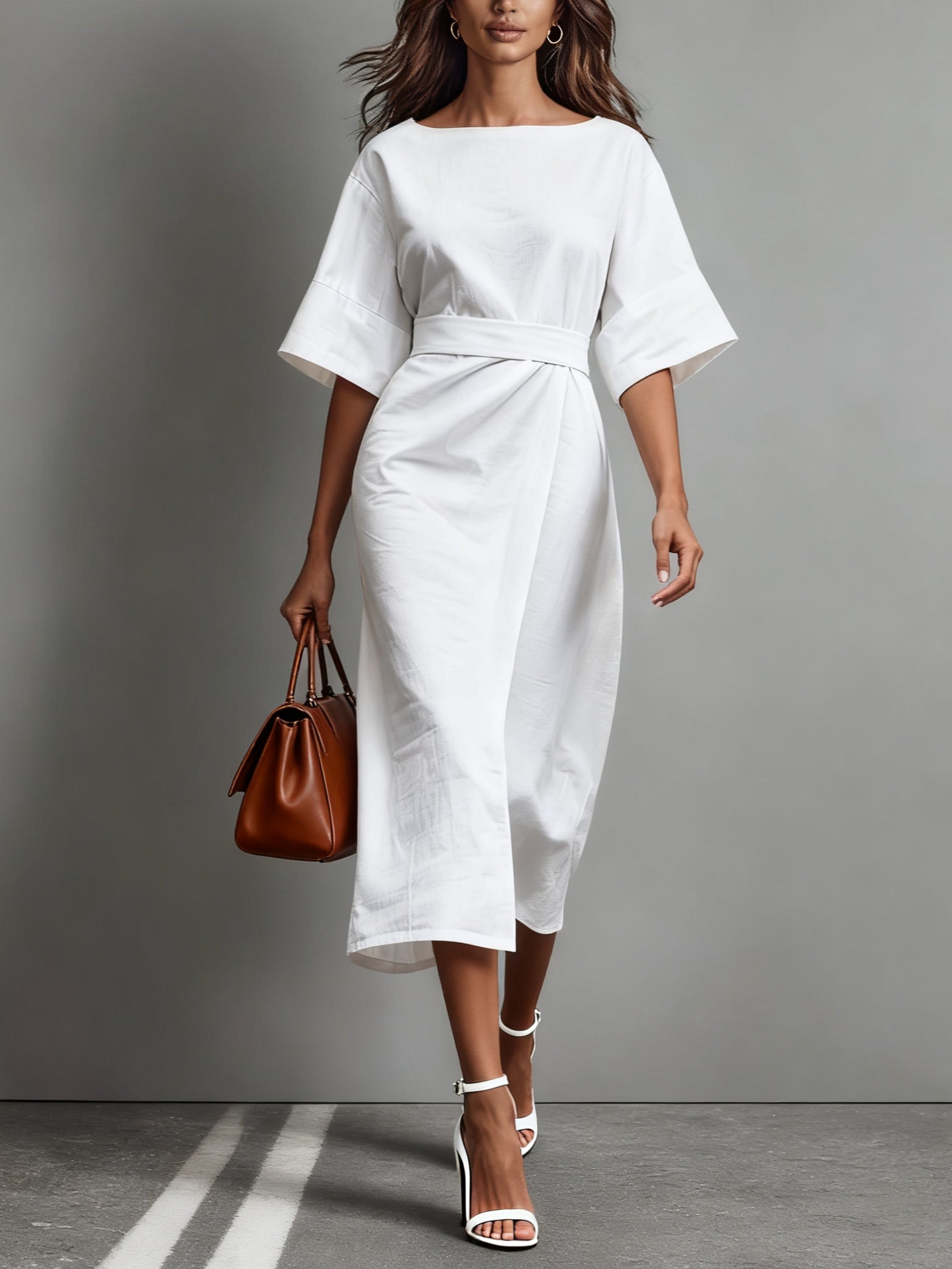 Linen Boat Neck Tie Loose Dress