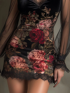 Velvet Rose Print Tulle Lace Trim Mini Dress