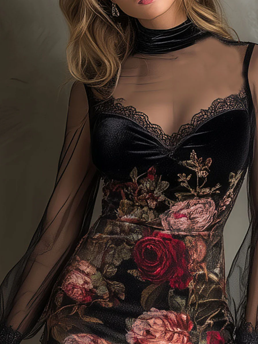 Velvet Rose Print Tulle Lace Trim Mini Dress