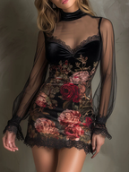 Velvet Rose Print Tulle Lace Trim Mini Dress