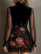 Velvet Rose Print Tulle Lace Trim Mini Dress