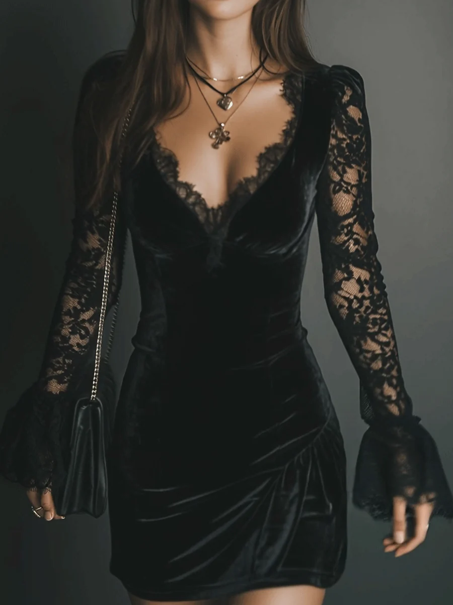 Black Velvet Lace Flared Sleeve Mini Dress