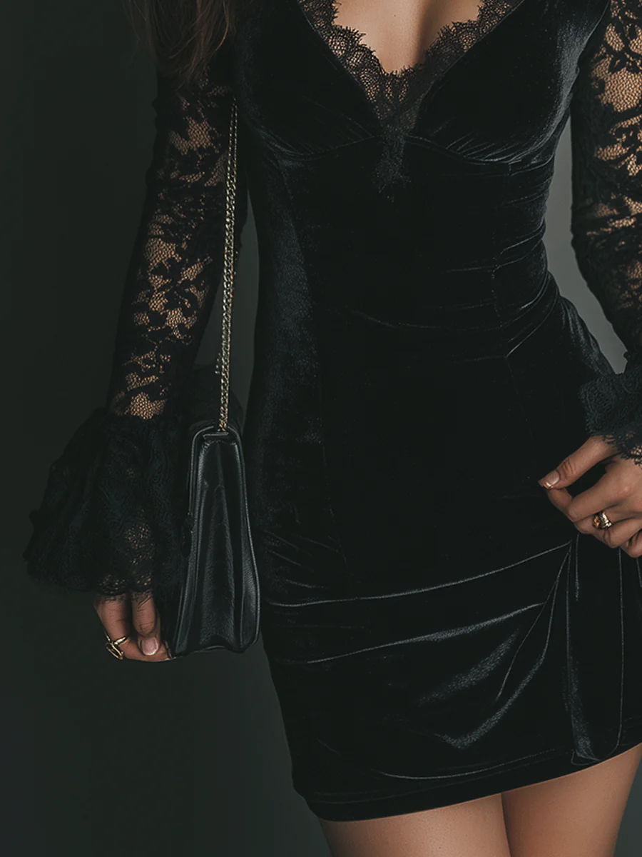 Black Velvet Lace Flared Sleeve Mini Dress