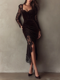 Elegant Chocolate Velvet Sweetheart Neckline Lace Midi Dress