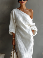 White One-shoulder Flowing Elegant Maxi Dress（No pockets）
