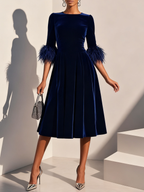 Dark Blue Feather-trimmed Velvet Round Neck Short-sleeved A-line Midi Dress