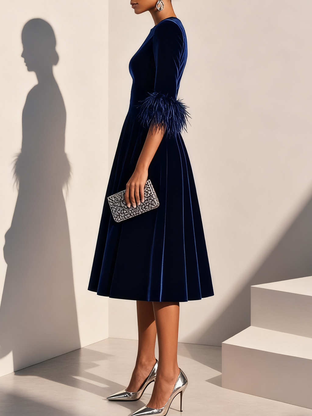 Dark Blue Feather-trimmed Velvet Round Neck Short-sleeved A-line Midi Dress