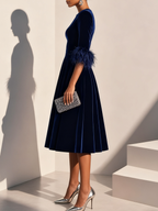 Dark Blue Feather-trimmed Velvet Round Neck Short-sleeved A-line Midi Dress