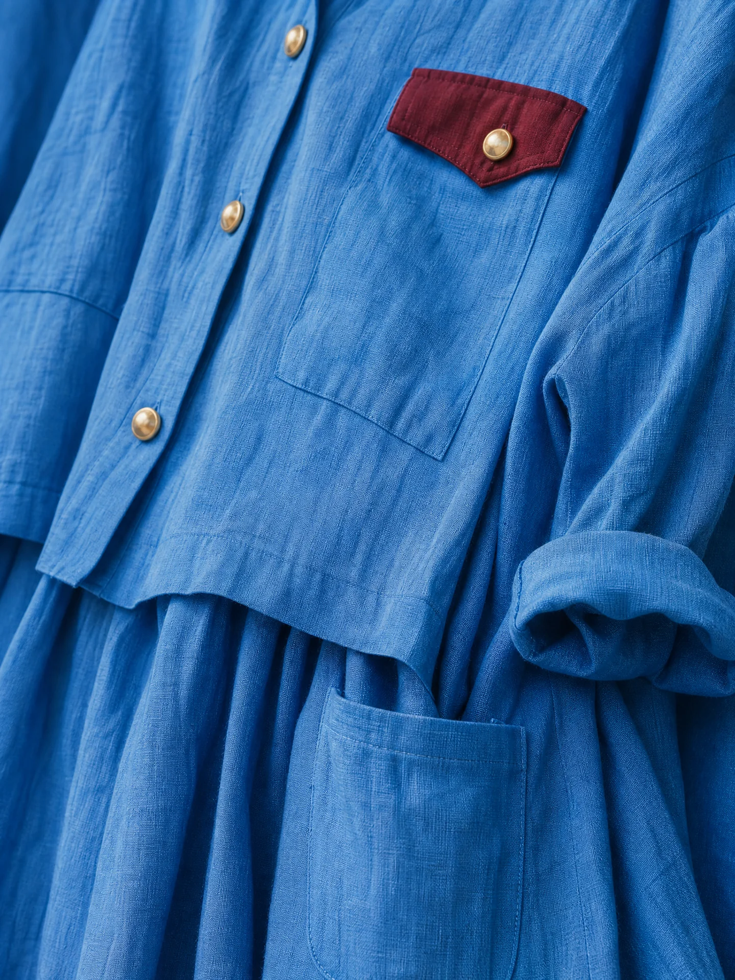 Blue Linen Two Piece Set Contrast Burgundy Pocket Cropped Shirt Wide Leg Pants Matching Outfit