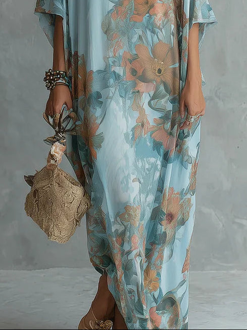 Bohemian Sky Blue Floral Print Loose Long Dress