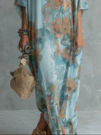 Bohemian Sky Blue Floral Print Loose Long Dress