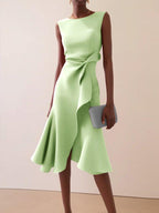 Red Sleeveless Midi Elegant A-line Dress with Waist Twist for Day-to-Night