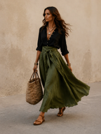 Black Shirt And Olive Green Midi Skirt Two-piece Suit