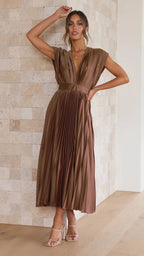 Elegant Satin Pleated V-neck Flowing Midi Dress