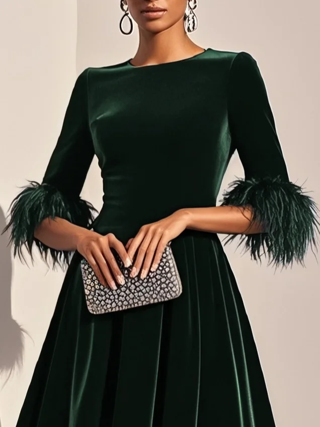 Dark Blue Feather-trimmed Velvet Round Neck Short-sleeved A-line Midi Dress