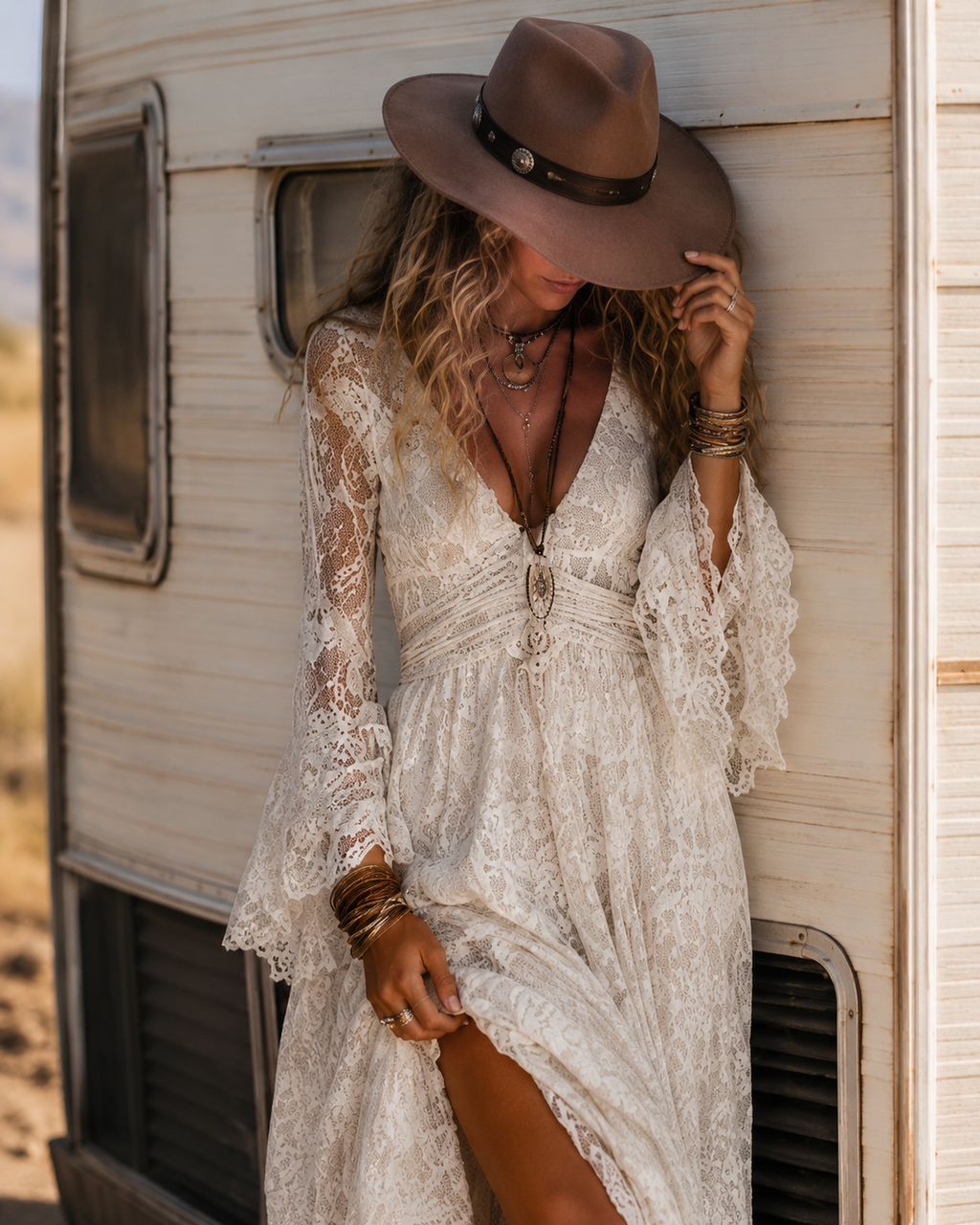 Apricot Lace V-neck Bell Sleeve Bohemian Maxi Dress
