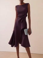Red Sleeveless Midi Elegant A-line Dress with Waist Twist for Day-to-Night