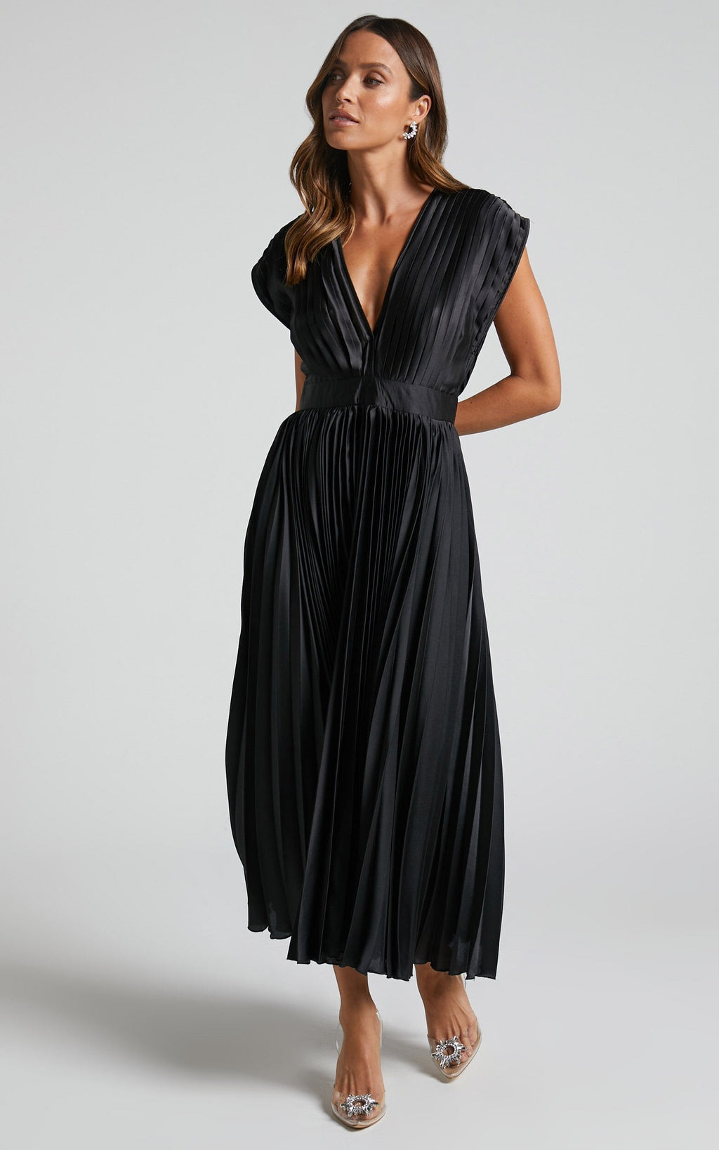 Elegant Satin Pleated V-neck Flowing Midi Dress