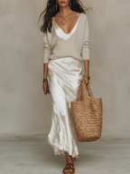 Elegant Knitted Pullover Top and Satin Midi Skirt Set