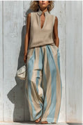 Casual sleeveless top and loose striped trousers set