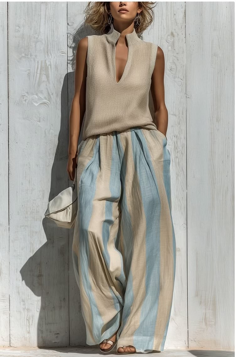 Casual sleeveless top and loose striped trousers set
