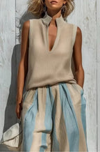 Casual sleeveless top and loose striped trousers set