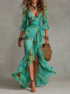 Grass Green Chiffon Irregular Ruffled Slit Maxi Dress