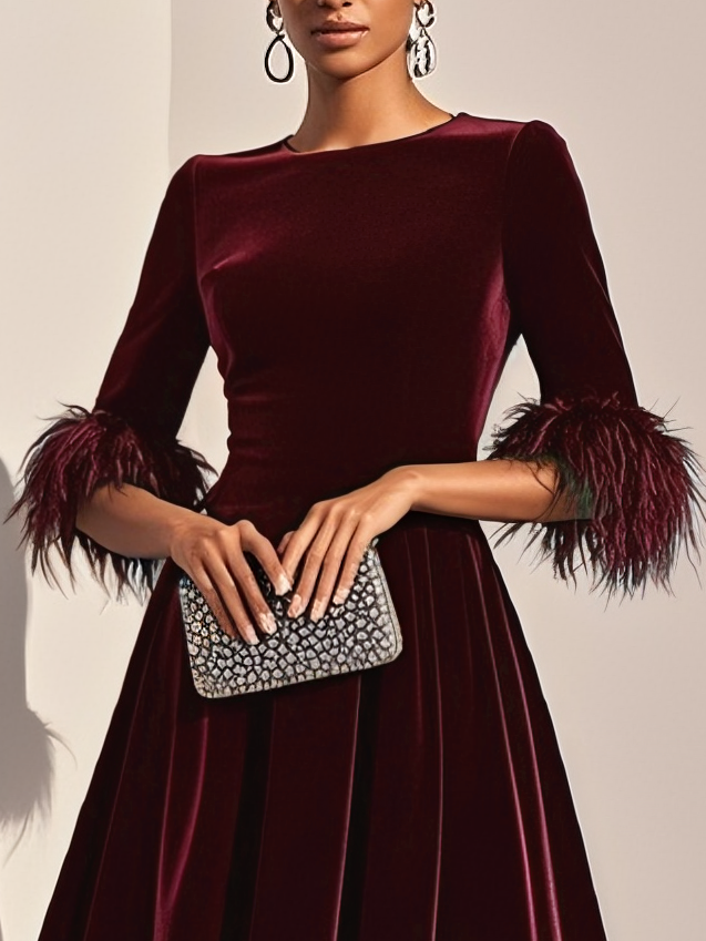 Dark Blue Feather-trimmed Velvet Round Neck Short-sleeved A-line Midi Dress
