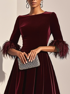 Dark Blue Feather-trimmed Velvet Round Neck Short-sleeved A-line Midi Dress