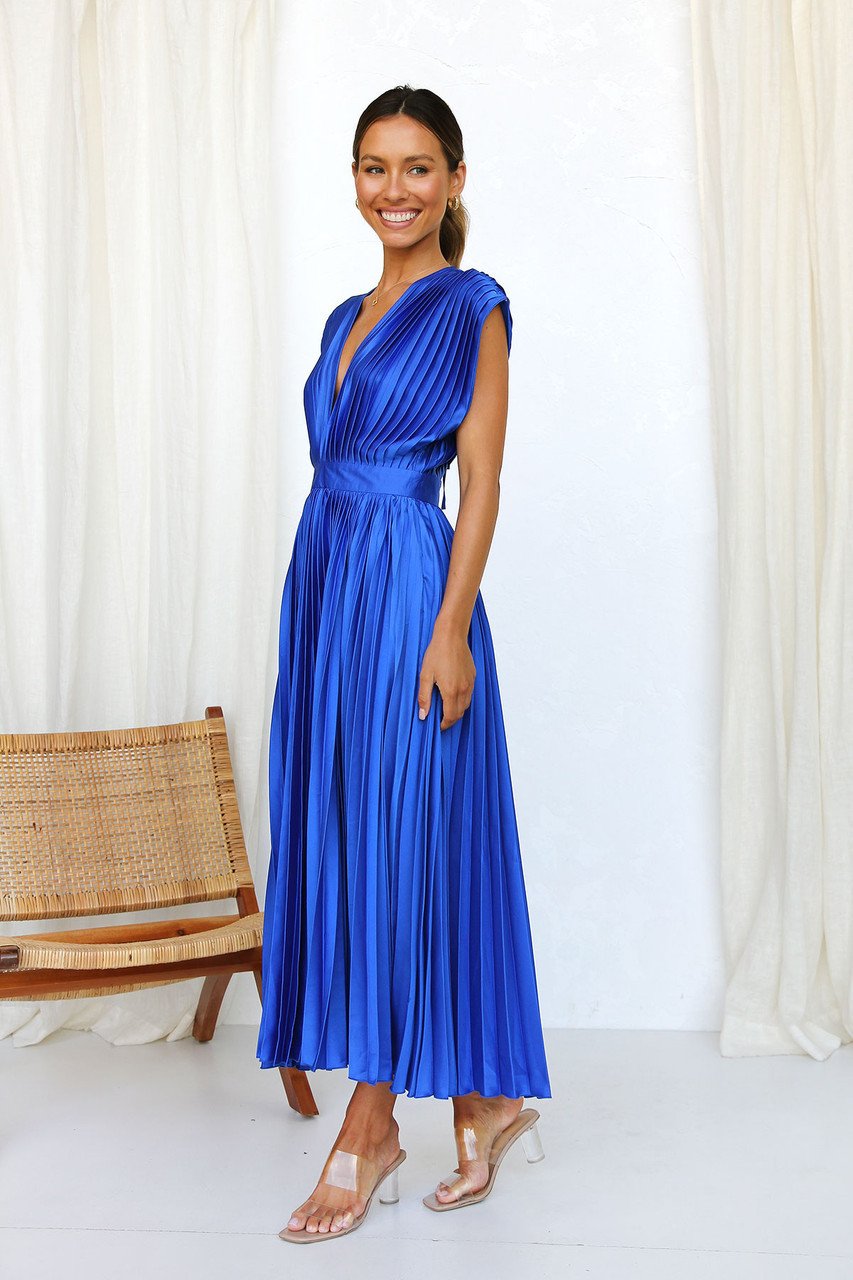 Elegant Satin Pleated V-neck Flowing Midi Dress