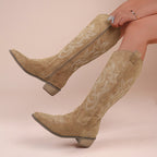 Embroidered Denim High-top Chunky-heeled Western Boots