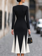 Black White Color Block V Neck Long Sleeve Bodycon Midi Mermaid Dress